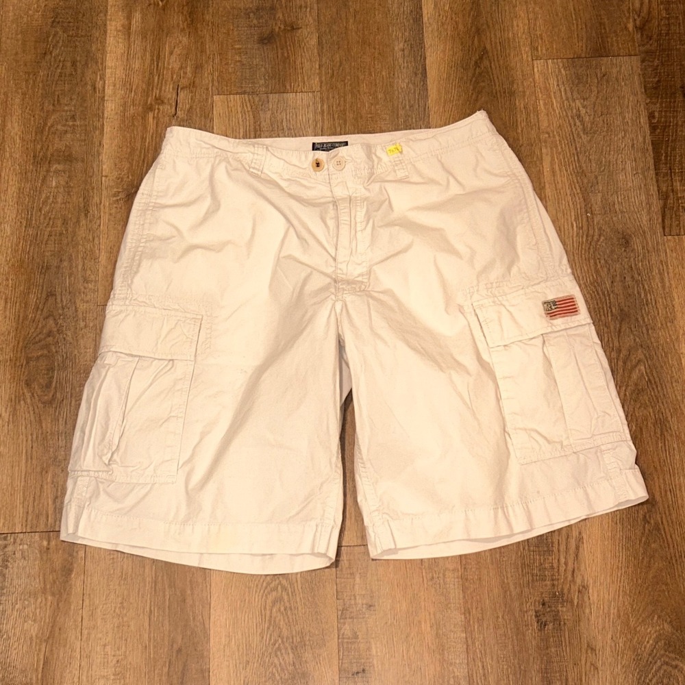 Polo Jeans Co Ralph Lauren Mens Cargo Shorts 38 Beige Cotton Utility Flag Patch
